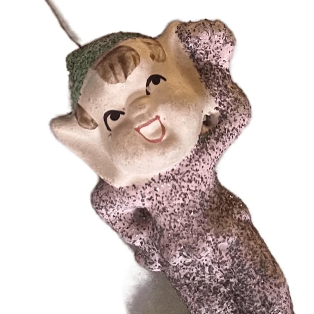 Vintage Christmas Ornament Pixie Elf Antique Japan Pink Mica Glitter 40’s 50’s